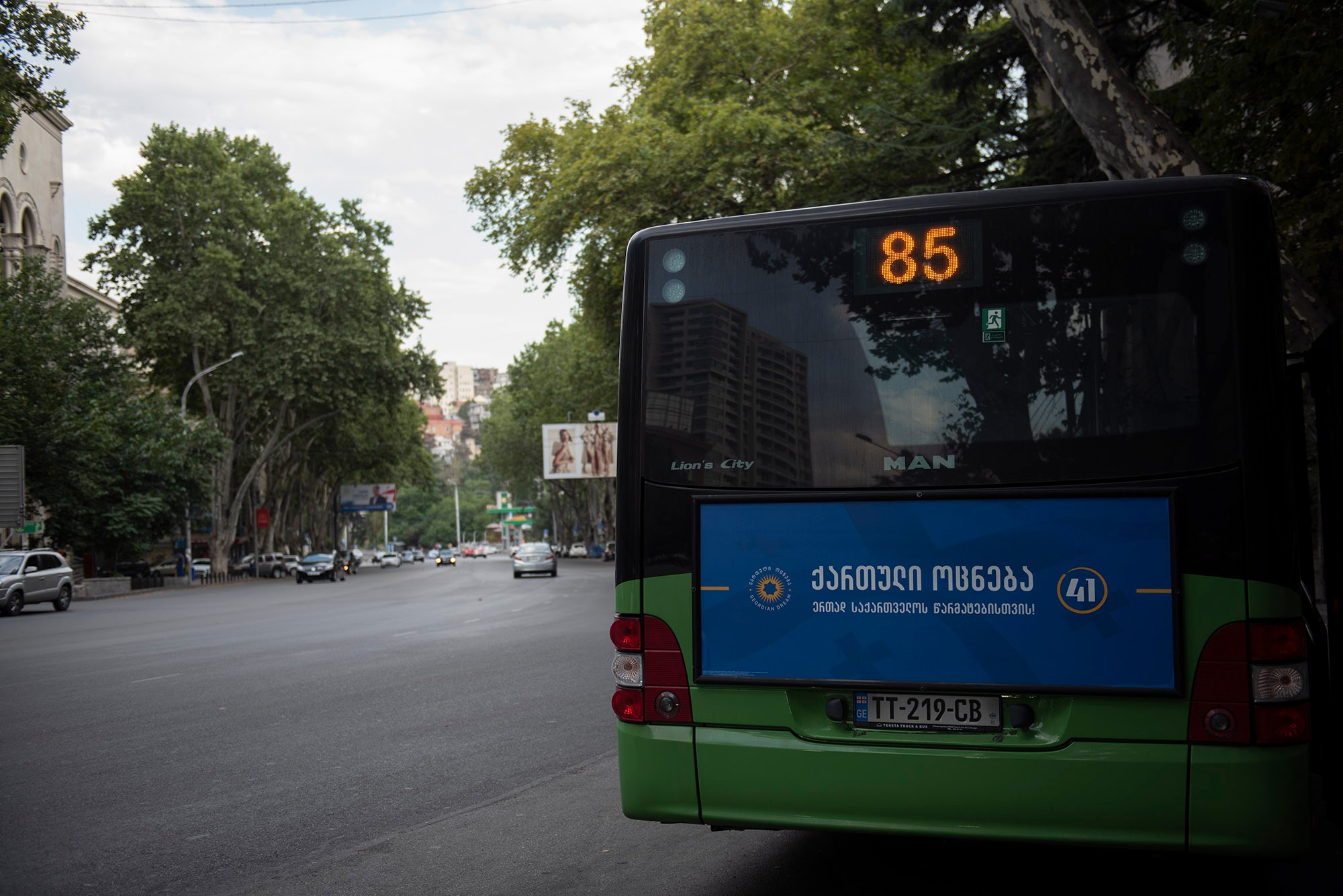 Georgian Dream poster on a municipal bus in Tbilisi. Photo: Mariam Nikuradze/OC Media