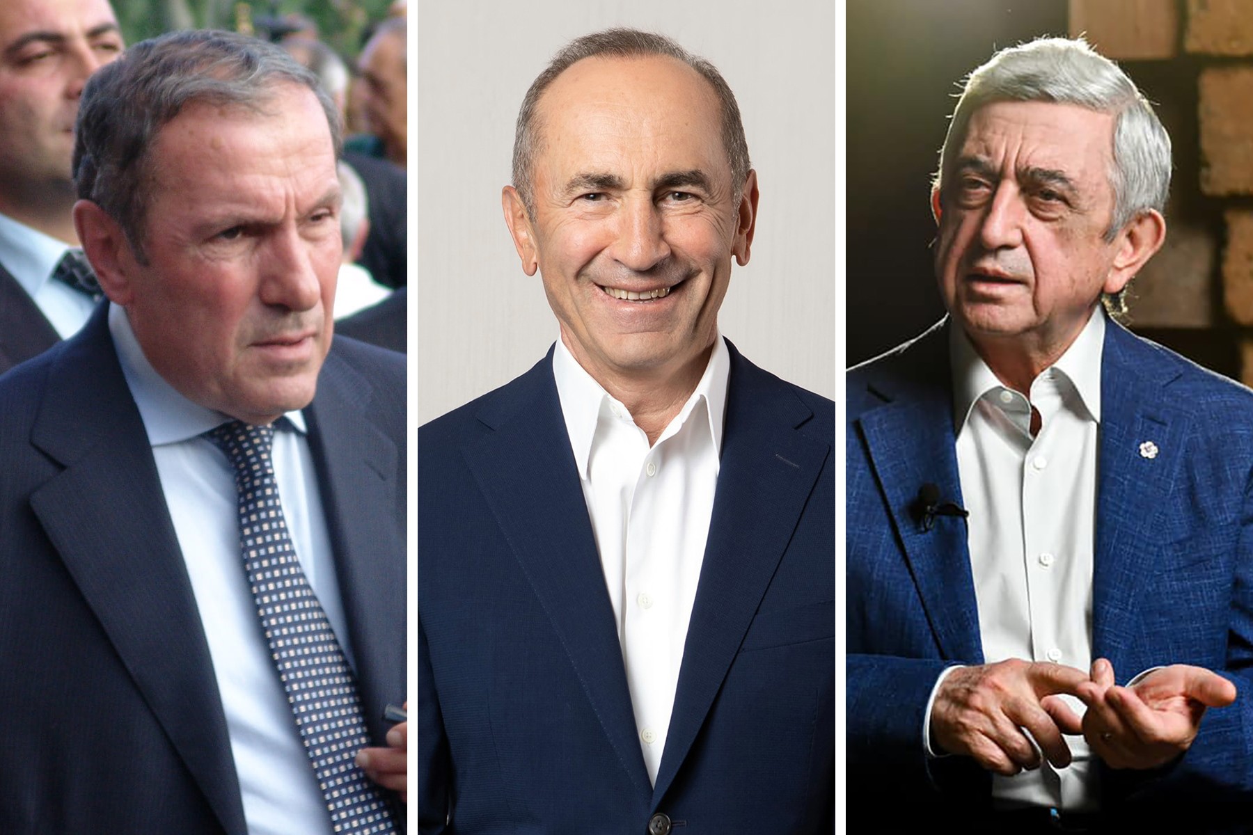 Former presidents of Armenia Levon Ter-Petrosyan (1991–1998), Robert Kocharyan (1998–2008), and Serzh Sargsyan (2008–2018). Official photos.
