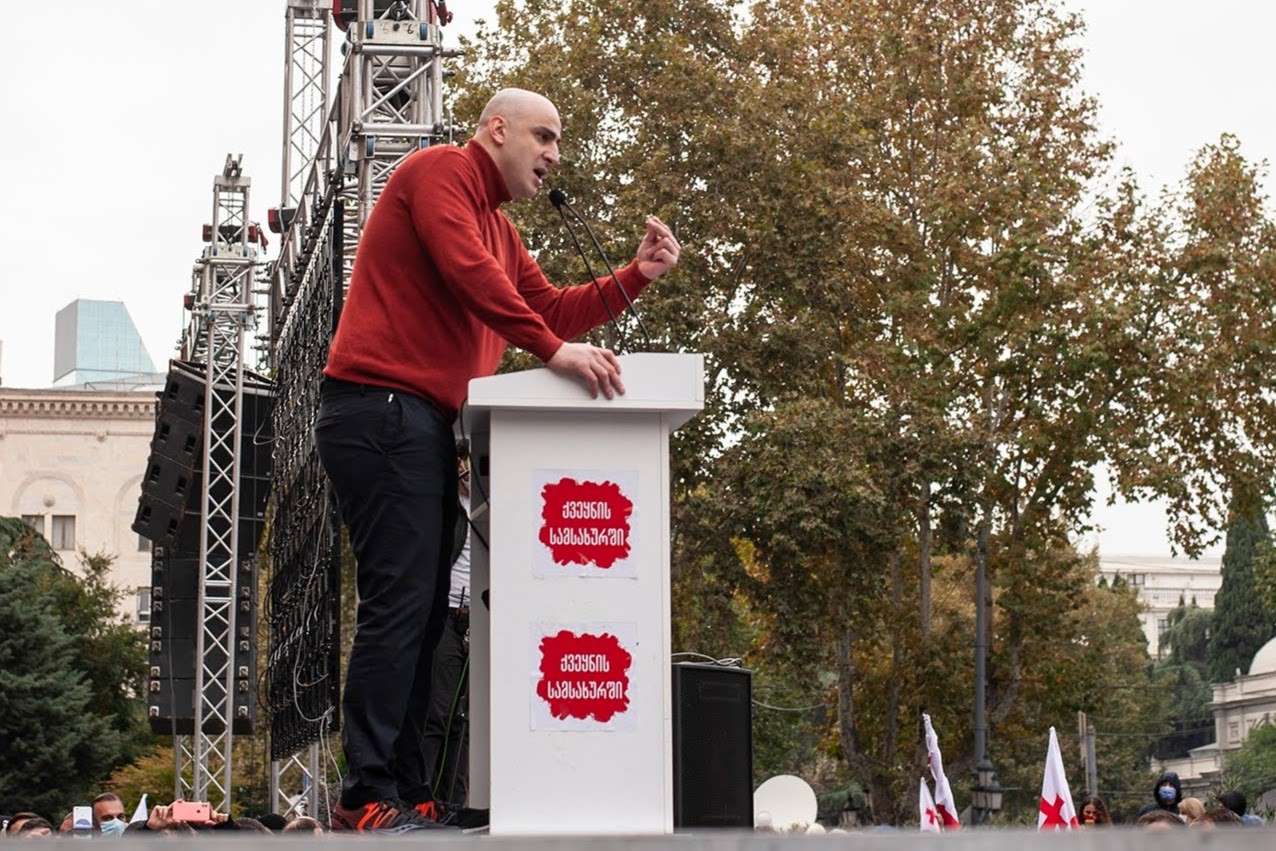 Nika Melia addressing an opposition protest on 14 November. Photo: Mariam Nikuradze/OC Media.