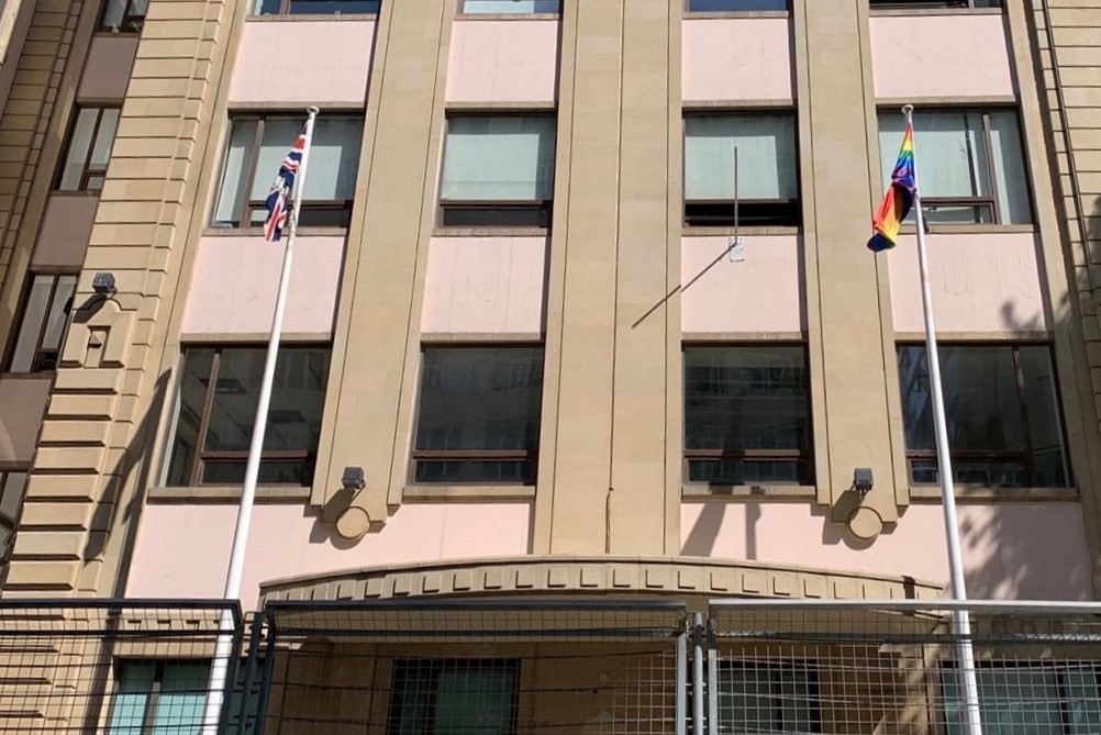 The Rainbow Flag flying alongside the Union Jack in front of the British Embassy in Baku on 17 May 2021. Official photo.
