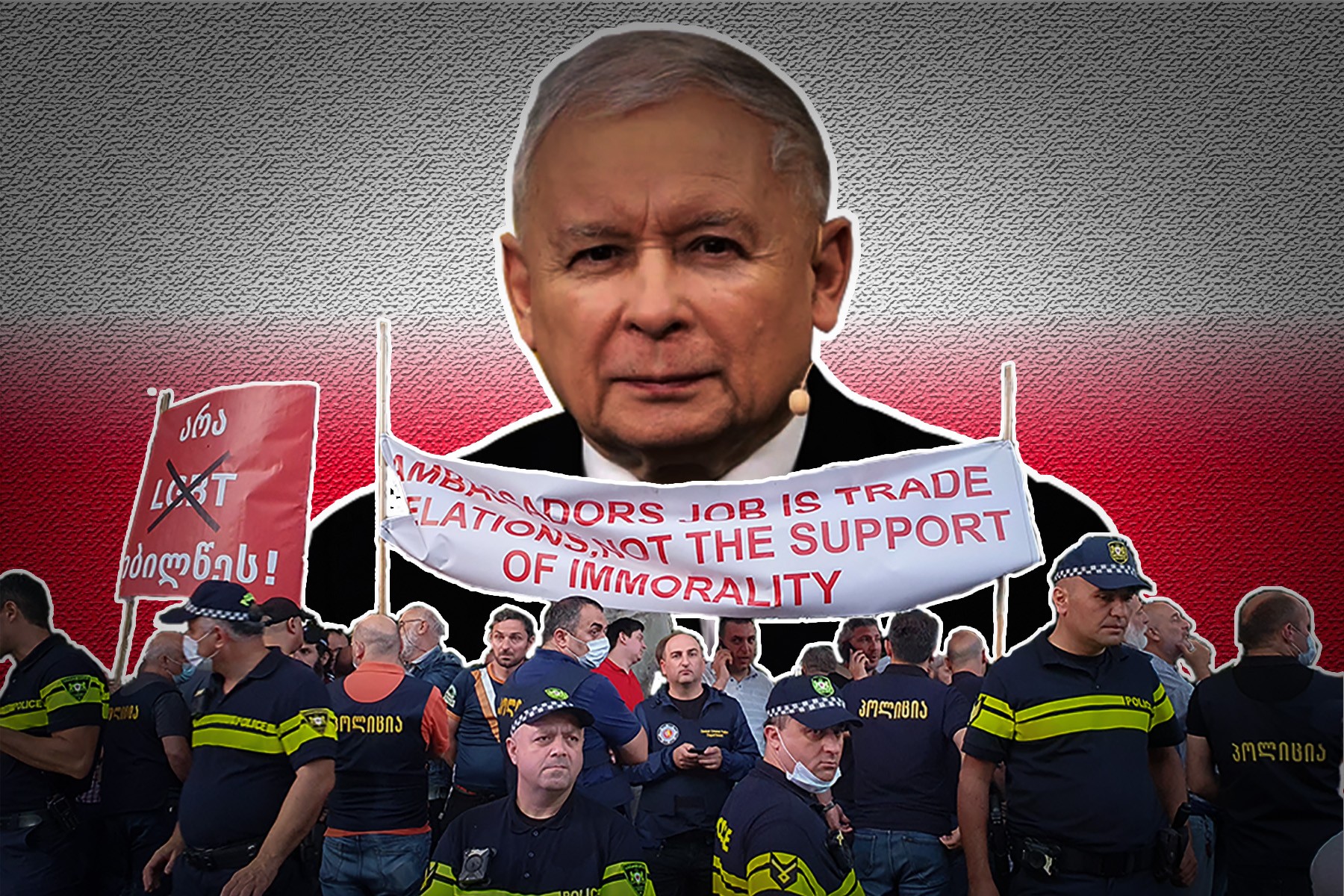 Georgian homophobic protesters separated from an anti-violence rally by police with the leader of the Polish conservatives, Jarosław Kaczyński in the background. Illustration: Dominik K Cagara/OC Media.