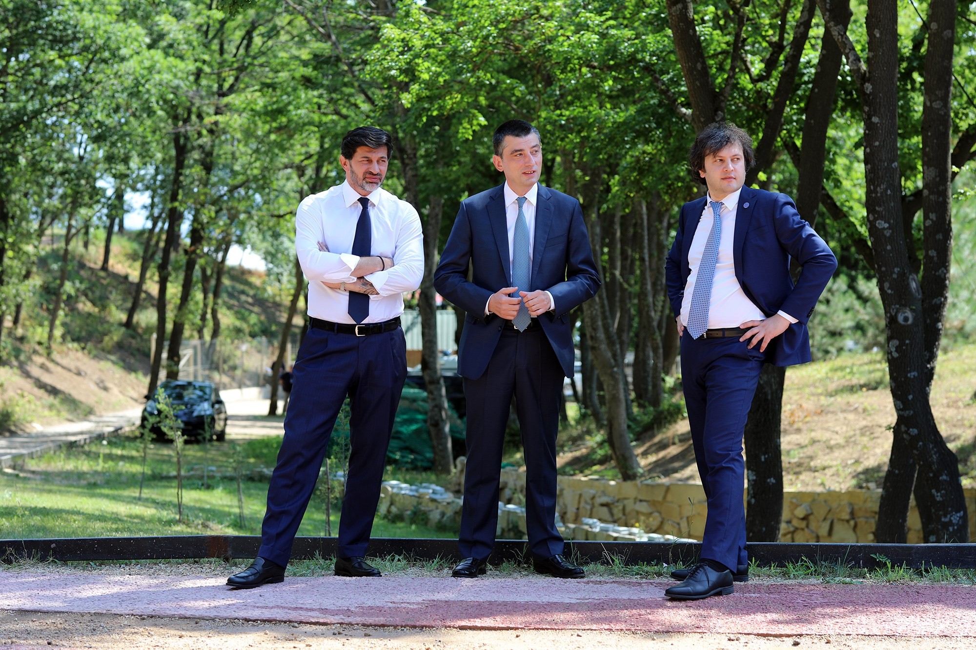 Kakha Kaladze, then-PM Giorgi Gakharia, and Irakli Kobakhidze at a campaign event in 2020. Photo: Georgian Dream.