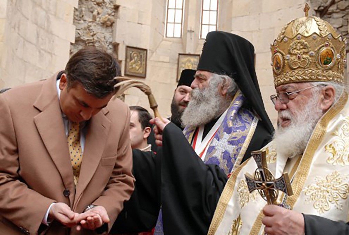 Mikheil Saakashvili being blessed by Patriarch Ilia II during his inauguration in 2008 at the Bagrati Cathedral. Official photo.