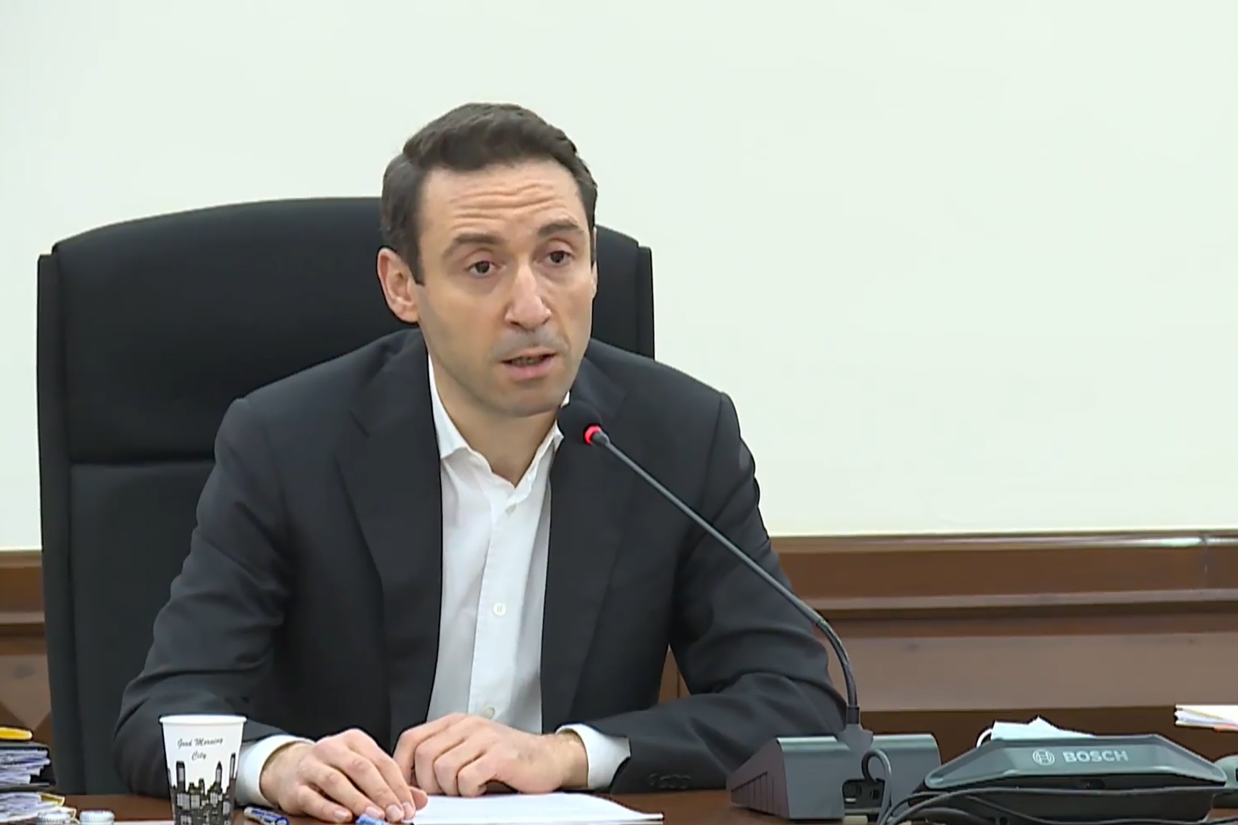 Hayk Marutyan during his last city hall session as mayor. Still from video.