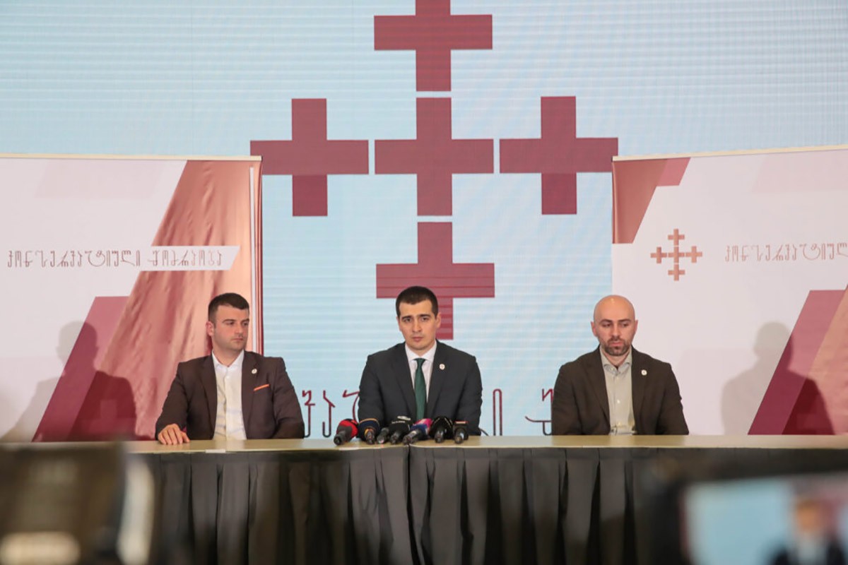Giorgi Kardava, Zurab Makharadze, and Irakli Martinenko, the leaders of Alt Info’s Conservative Movement party. 