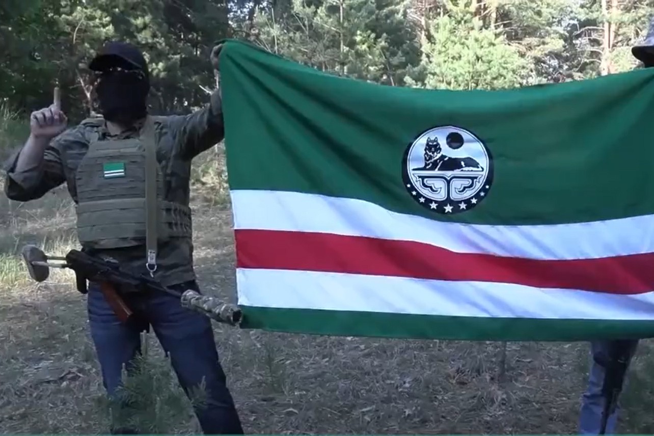 A still from a video supposedly recorded in Chechnya declaring a new Chechen resistance movement.