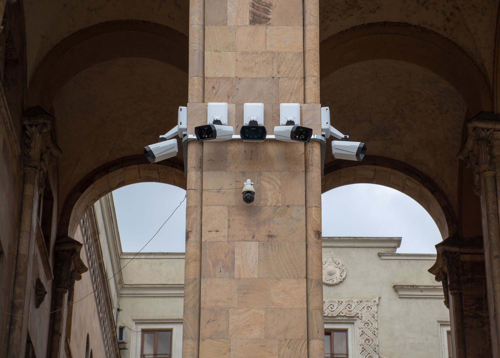 Surveillance cameras on the Georgian Parliament building. Photo: Shota Kincha/OC Media