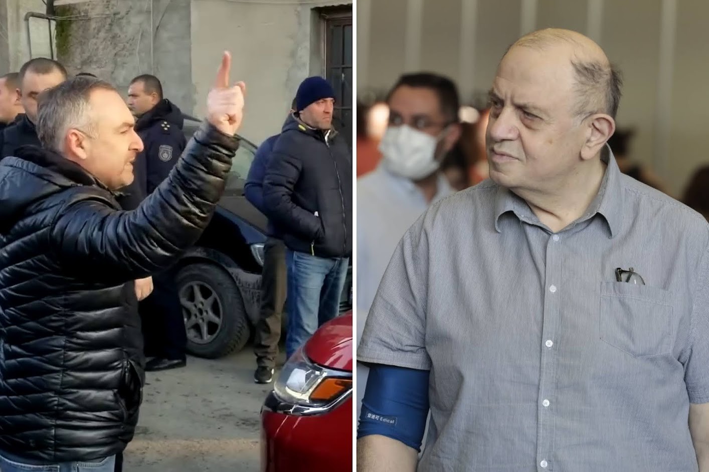 Left: protester blocking Berdzenishvili’s car in Kvareli; Right: Levan Berdzenishvili; Image by Gvantsa Jobava.