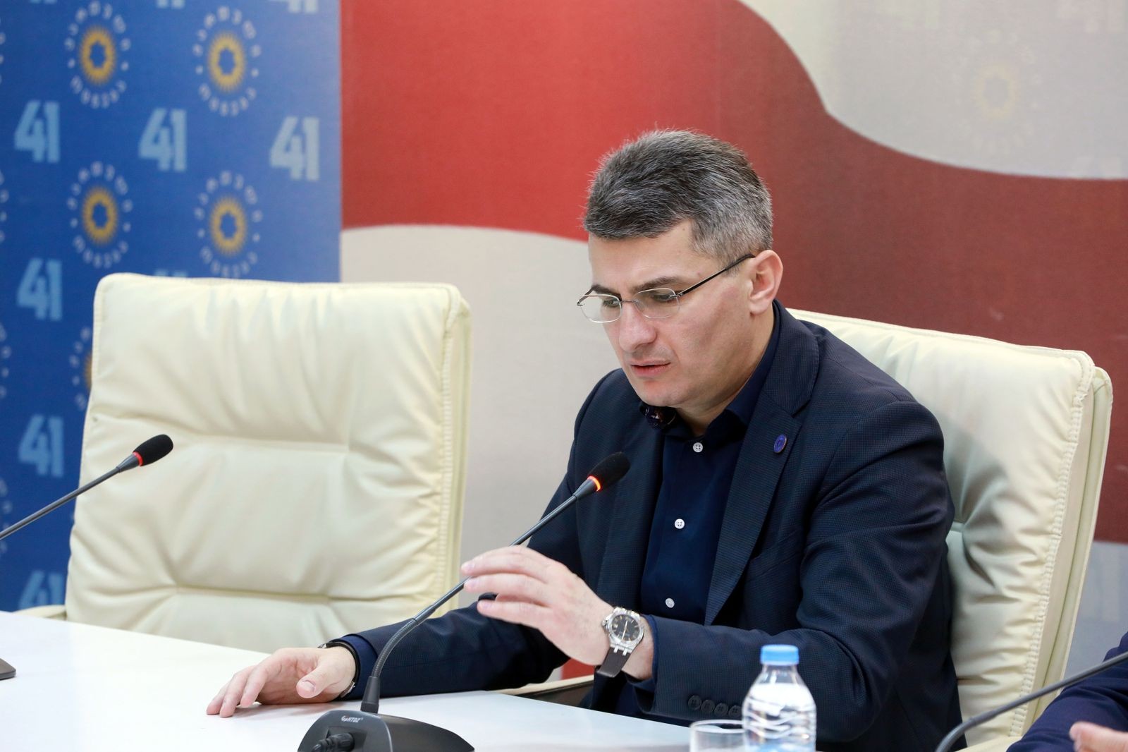 The  chair of Georgian Dream’s parliamentary faction, Mamuka Mdinaradze at a meeting of the parliamentary majority on 20 February. Photo: Georgian Dream / Facebook