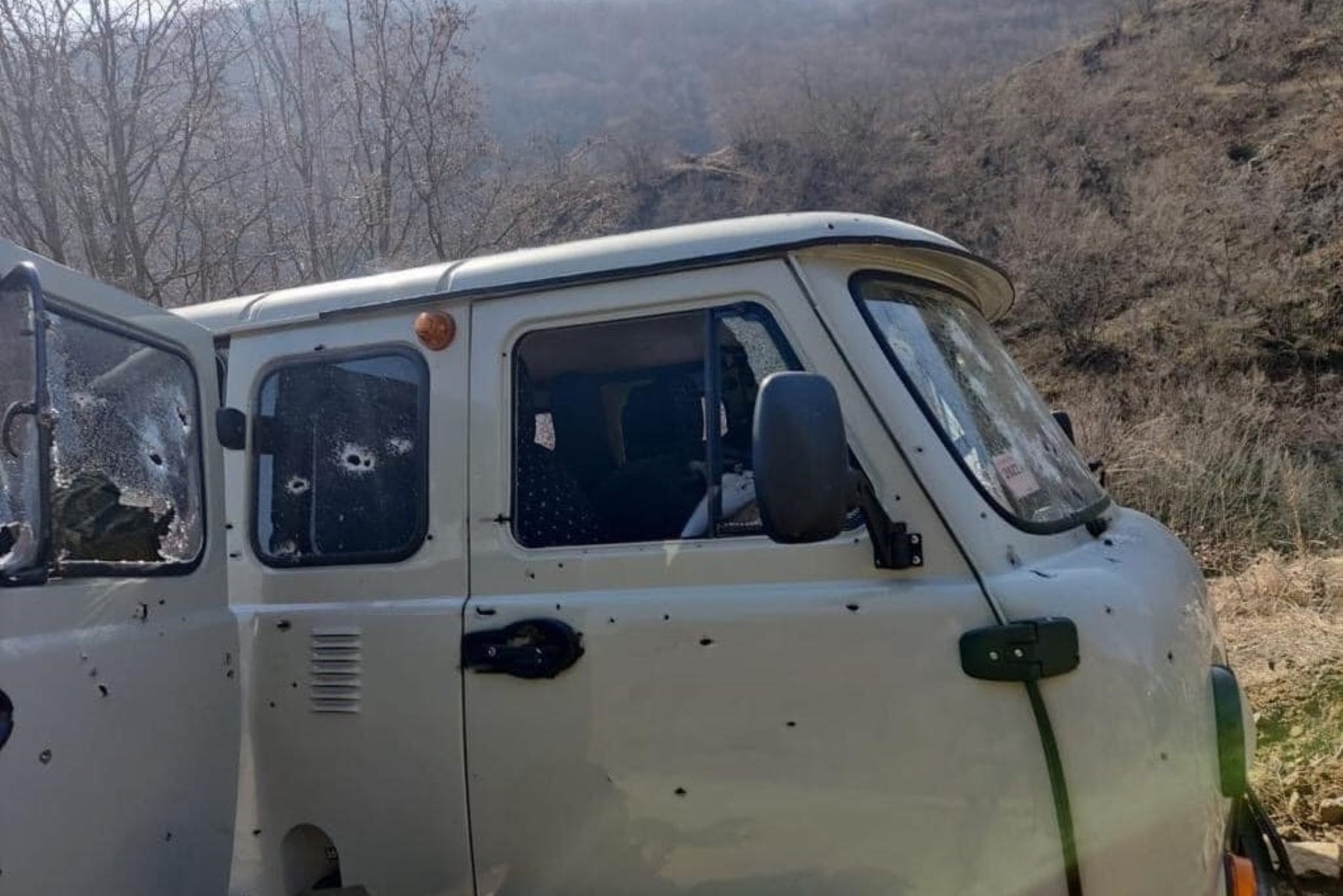 The minibus damaged in the conflict. Photo: Nagorno-Karabakh Foreign Ministry / Twitter