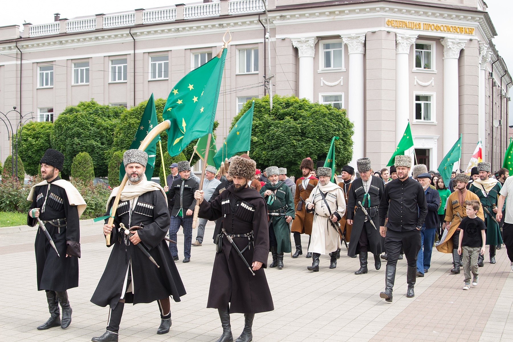 Circassian activists marching through Nalchik in commemoration of the Circassian Genocide and the end of the Caucasian War. Image via Tamara Ardavova.