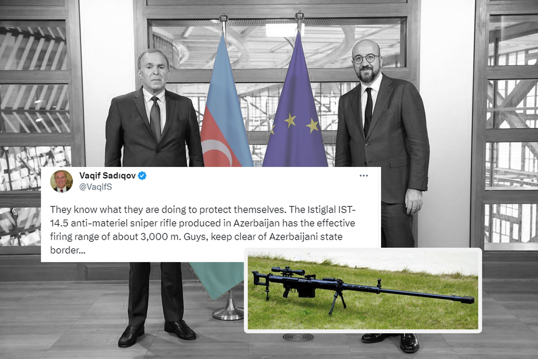 In the background, Azerbaijani ambassador to the EU, Vagif Sadigov (left), and EU Council President Charles Michel. Photo: EU Council.