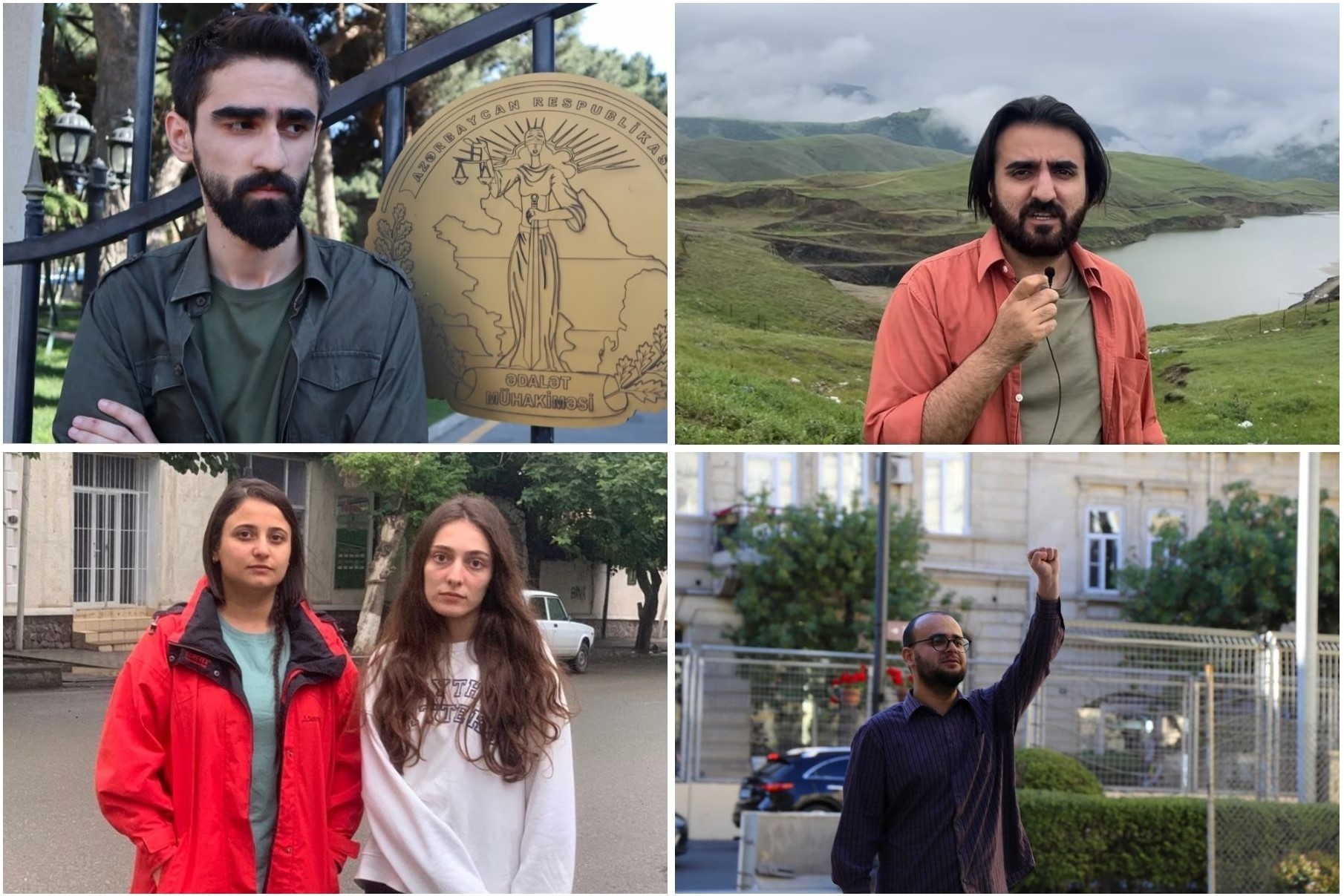 Clockwise from top left: Giyas Ibrahimov (Photo: Voice of America), Elmaddin Shamilzade (still from live broadcast), Elmir Abbasov (Photo: Facebook), Nargis Absalamova (left) and Nigar Mubariz (courtesy image)