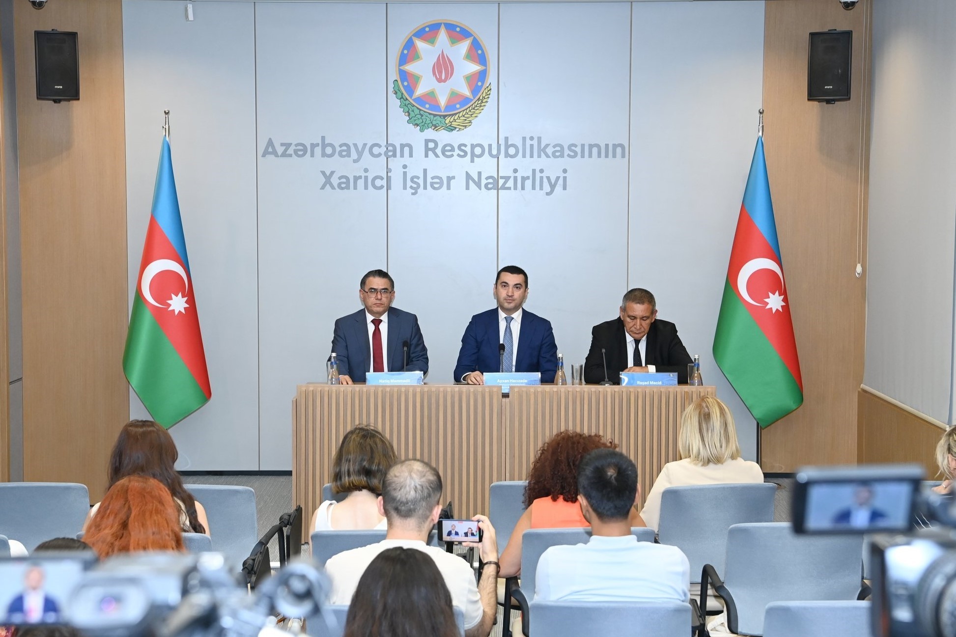 The heads of Azerbaijan's Foreign Ministry, Media Development Agency, and Press Council at the press conference. Photo: Azerbaijan's Foreign Ministry/Twitter
