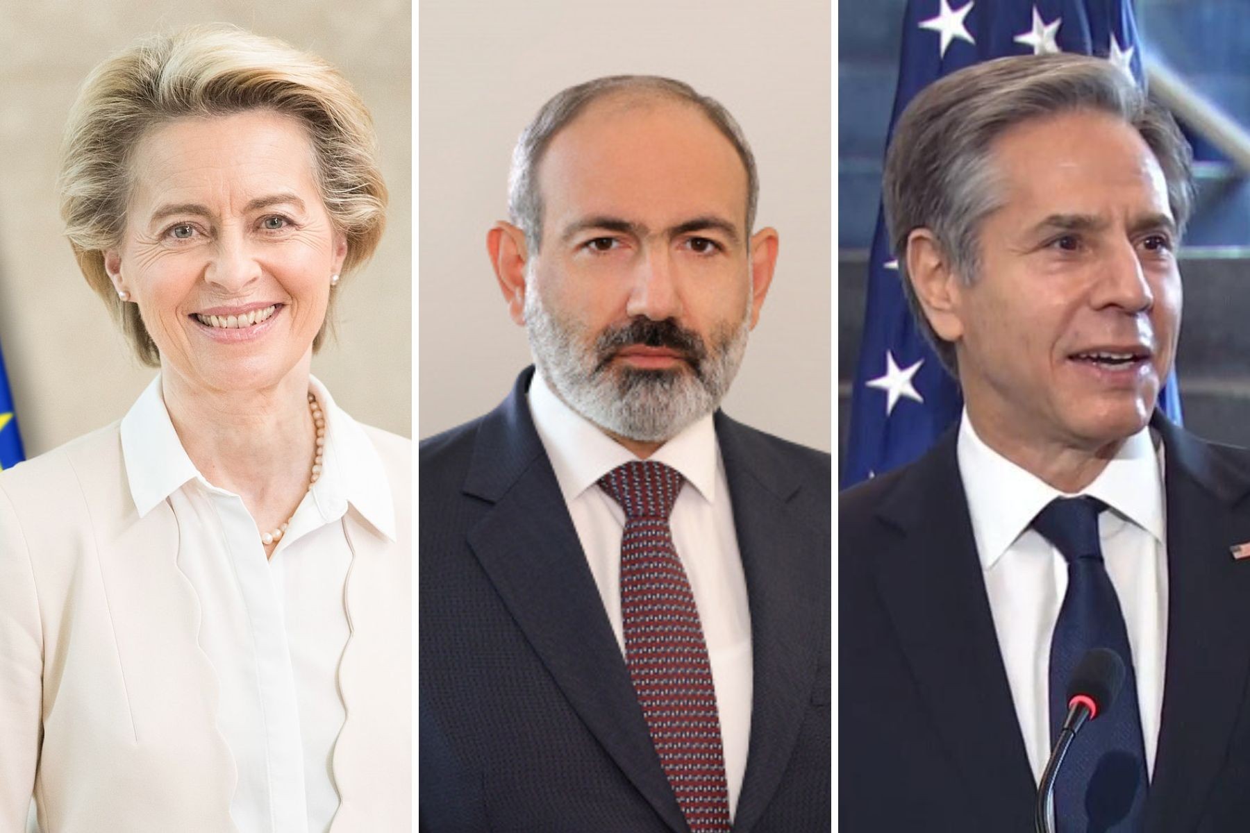 EU Commission President Ursula von der Leyen (left), Armenian Prime Minister Nikol Pashinyan (centre), US Secretary of State Antony Blinken (right).  Official photos.