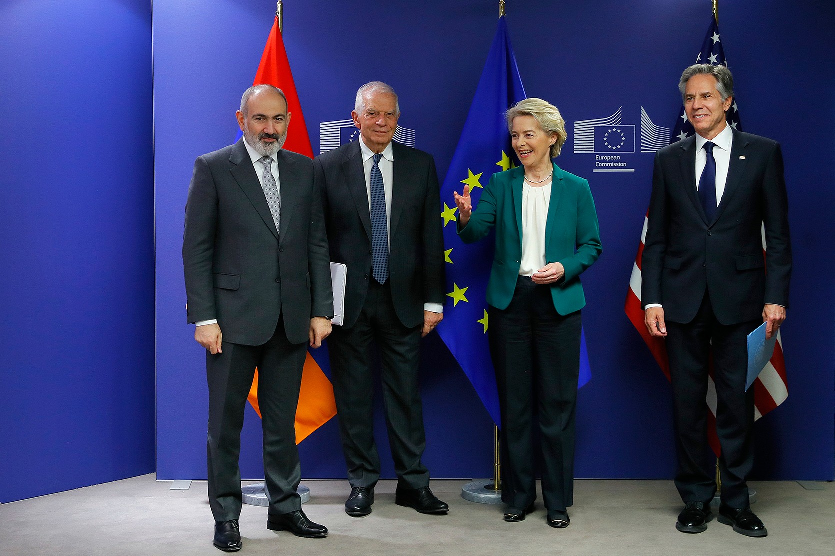 Caption: Armenian Prime Minister Nikol Pashinyan (left), EU High Representative Josep Borell (centre left), EU Commission President Ursula von der Leyen (centre right), US Secretary of State Antony Blinken (right) in Brussels. Image via primeminister.am.