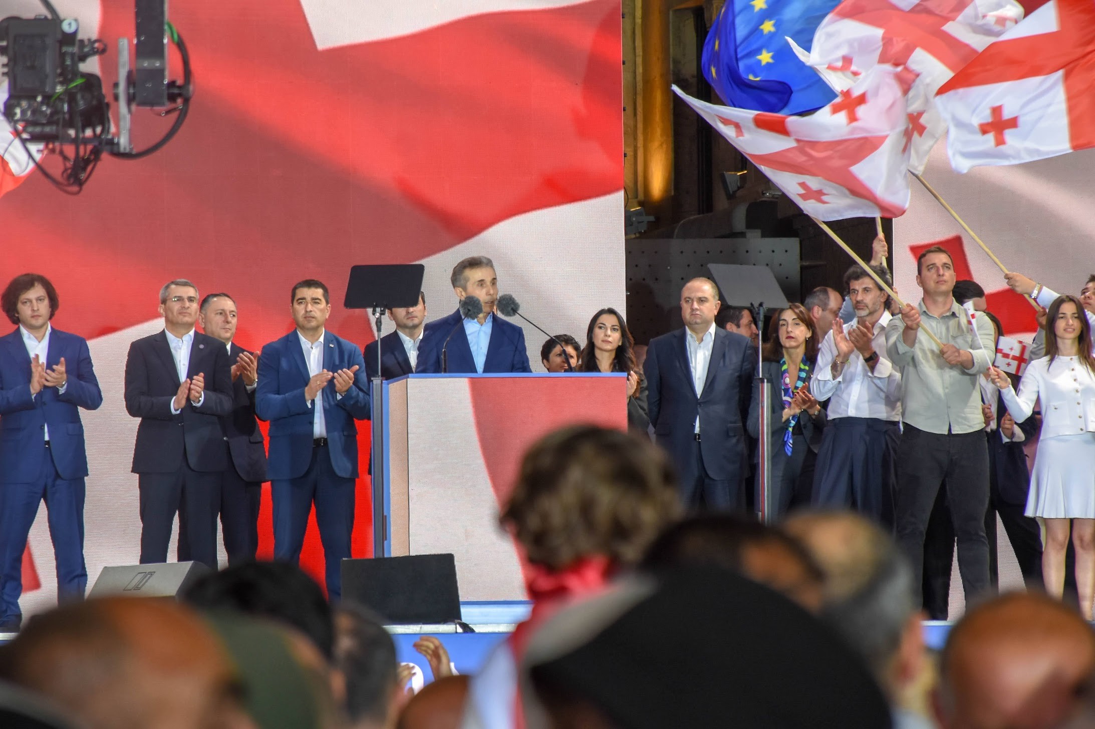 Georgian Dream founder Bidzina Ivanishvili along with senior officials at a pro-government demonstration on 29 April. 