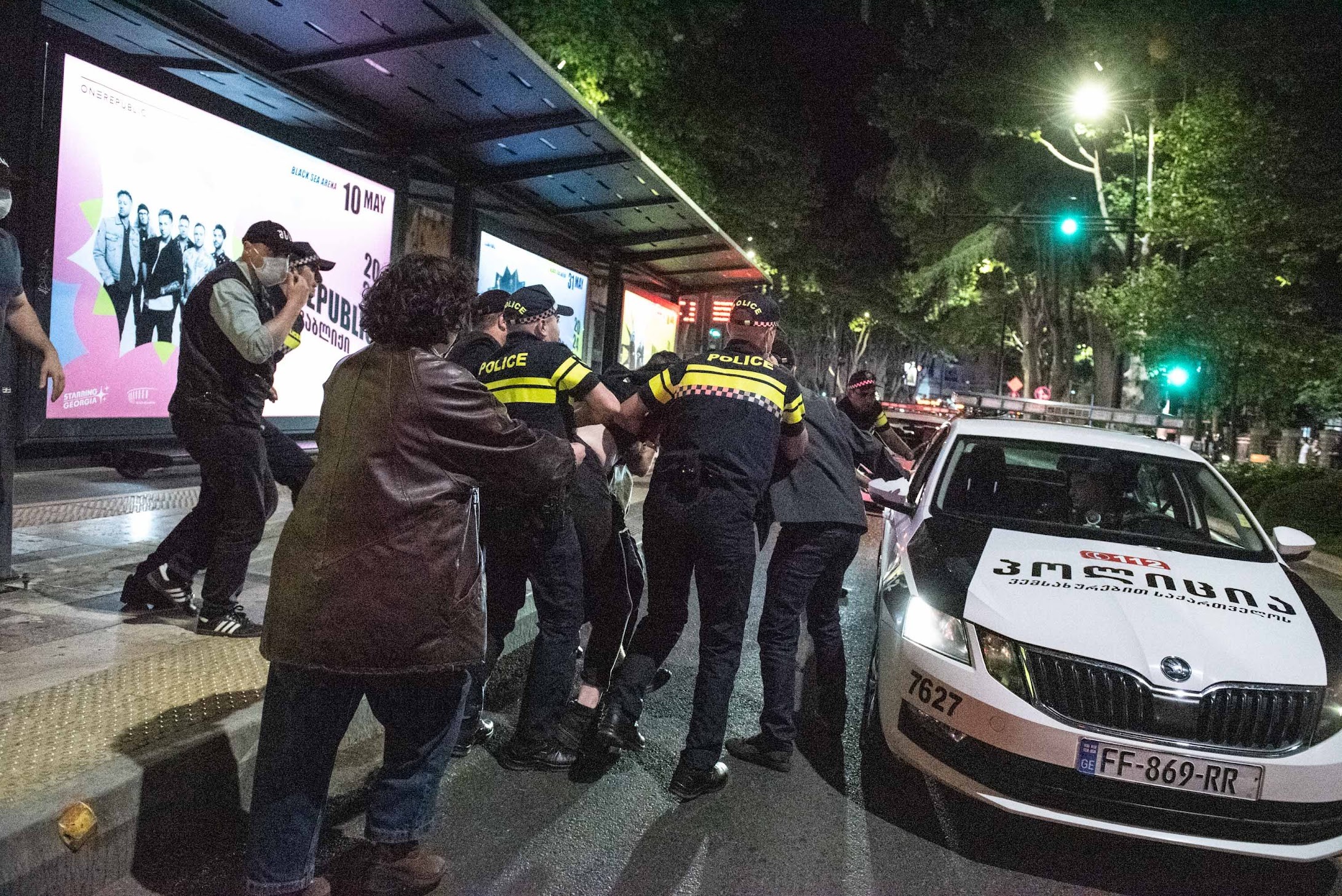 Police arrest a protester against Georgia’s draft foreign agent law on 9 May. Photo: Mariam Nikuradze/OC Media.