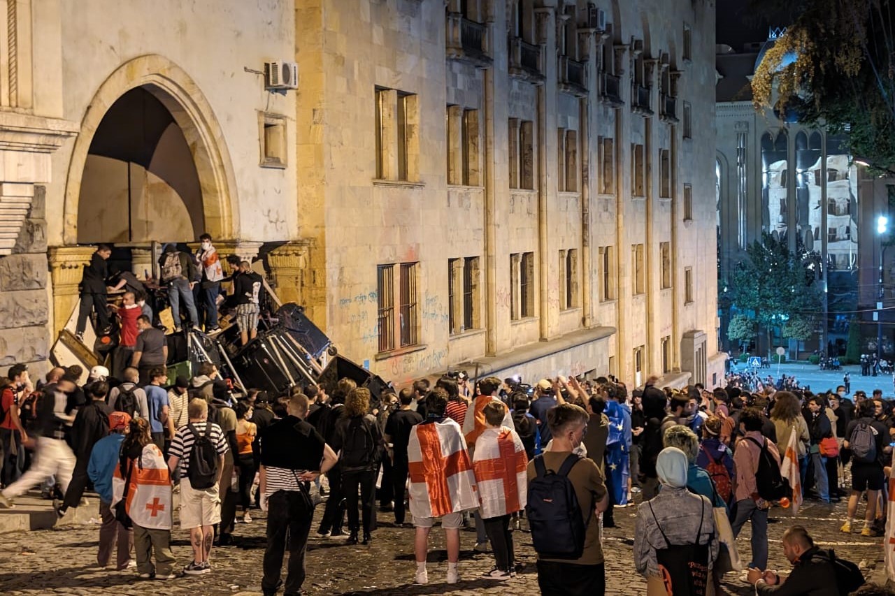 A barricade at the gates to Parliament on 1 May. Photo: Robin Fabbro/OC Media