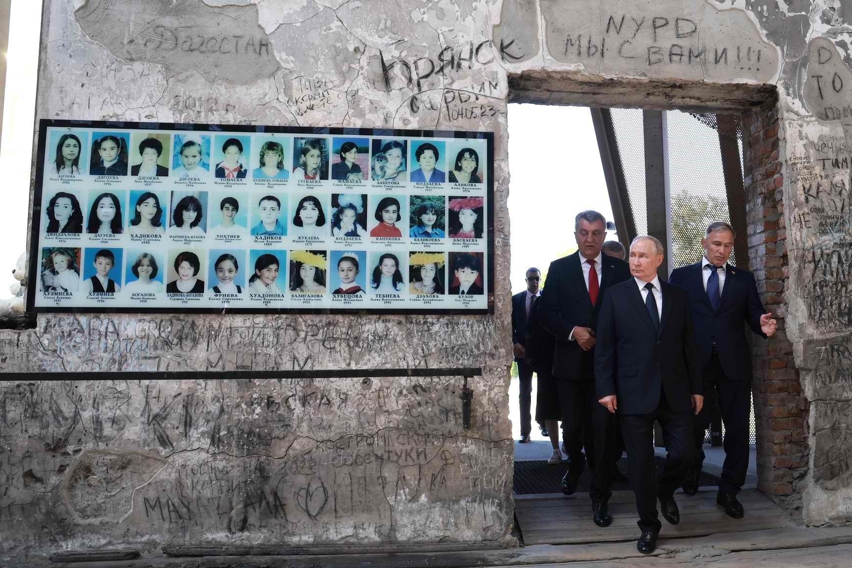 Russian President Vladimir Putin visiting the No. 1 School in Beslan, North Ossetia. Image via social media.