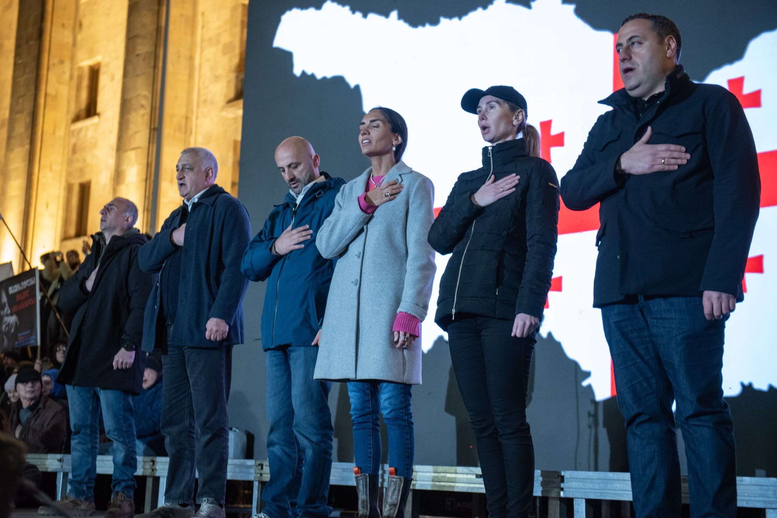 Leaders of three of Georgia’s main opposition groupings at a demonstration against the election results in Tbilisi on 5 November 2024. Mariam Nikuradze/OC Media.