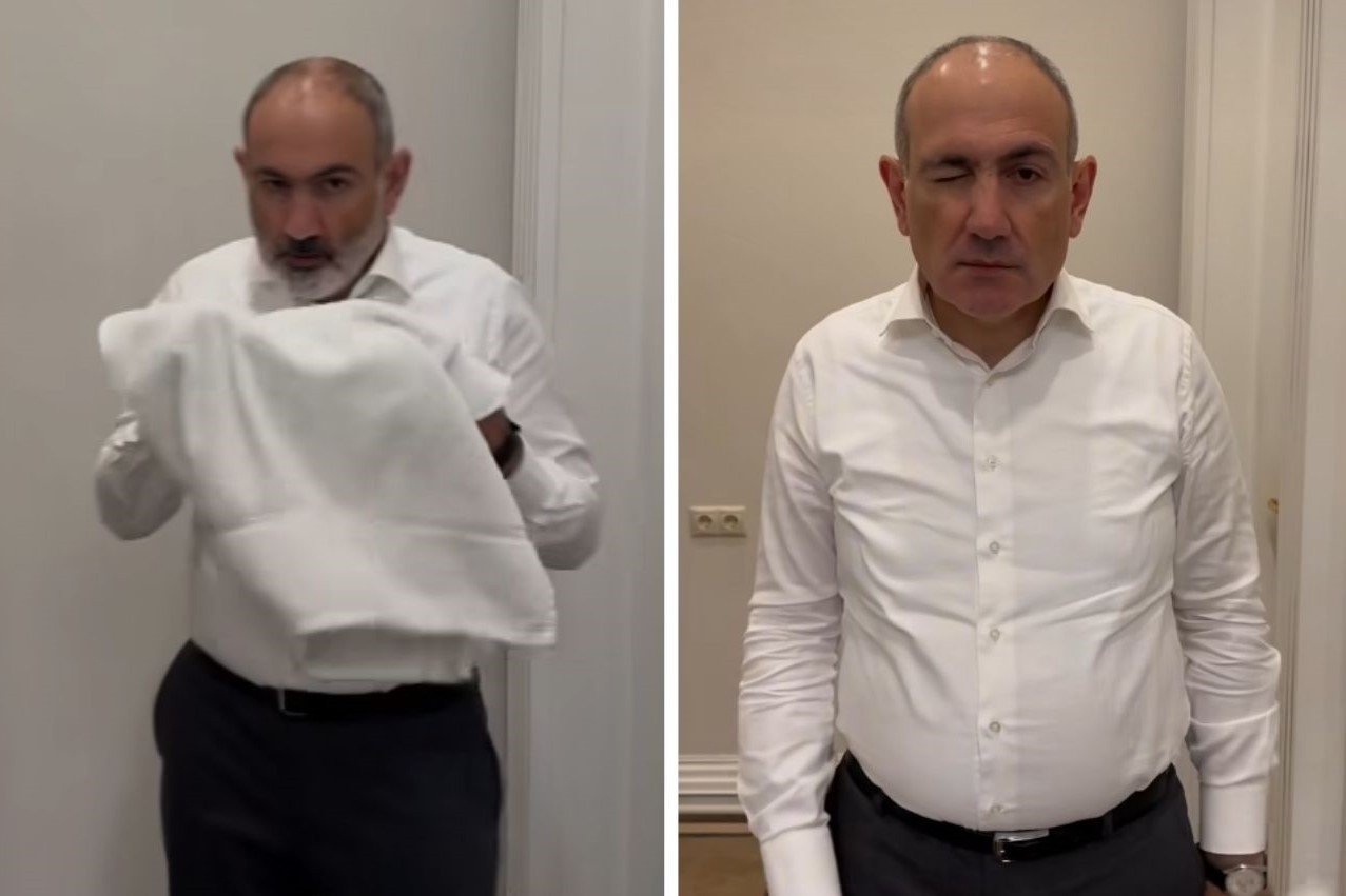 Armenian Prime Minister Nikol Pashinyan before and after shaving his beard. Screengrab from social media.