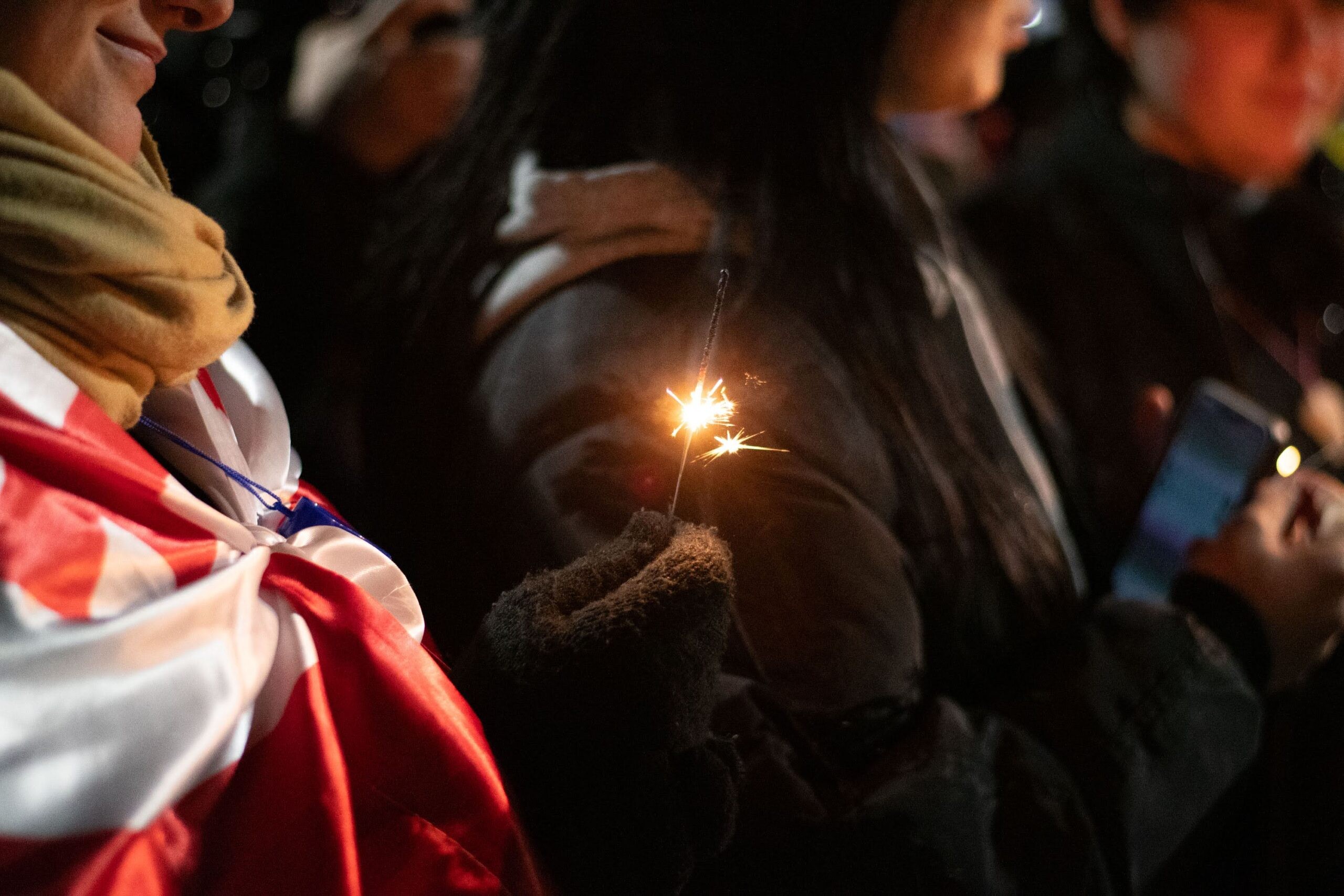 Protesters light sparklers during a peaceful demonstration on Rustaveli Avenue on 9 December. Mariam Nikuradze/OC Media. 