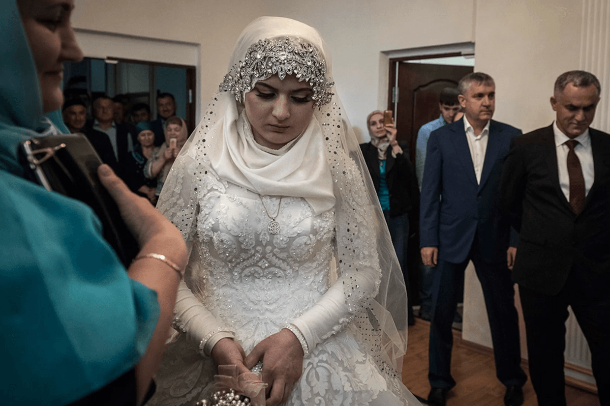 Luiza Goilabieva, 17, prepares to marry police captain Nazhud Guchigov, 47, possibly as his second wife. Photo: Sergey Ponomarev/Meduza.