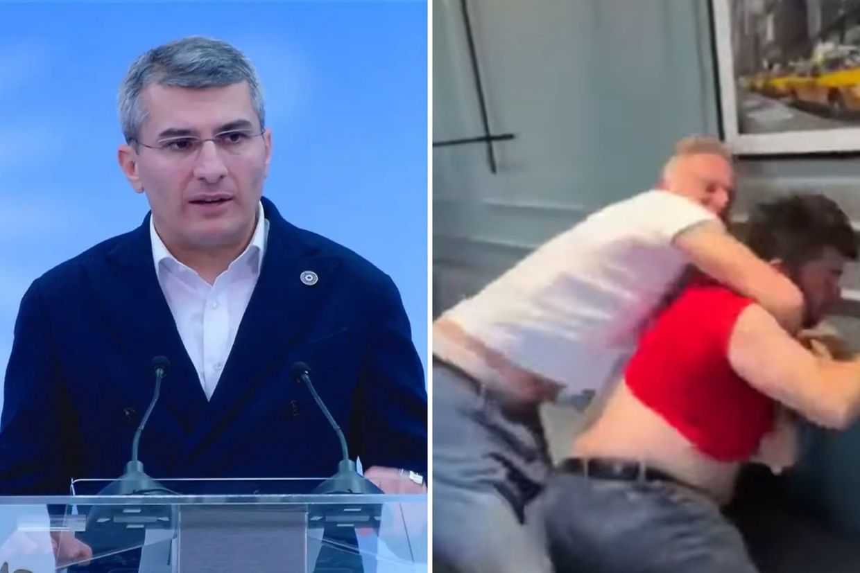Georgian Dream’s parliamentary leader Mamuka Mdinaradze (left) and Georgian Dream MP Viktor Sanikidze brawling in Abu Dhabi (right).