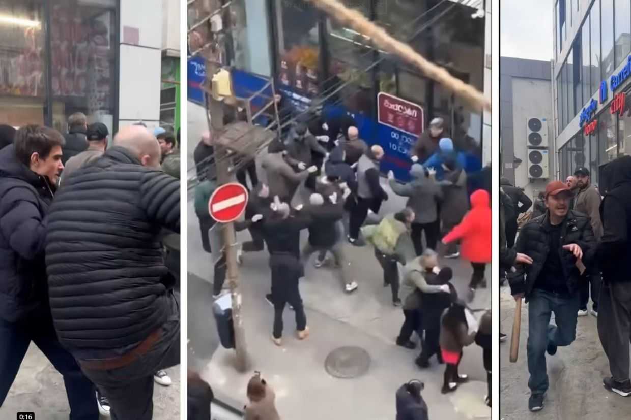 Individuals, including some identified as being employees of Tbilisi City Hall, clash with strikers in Tbilisi. Photo: screenshot from video/RFE/RL.
