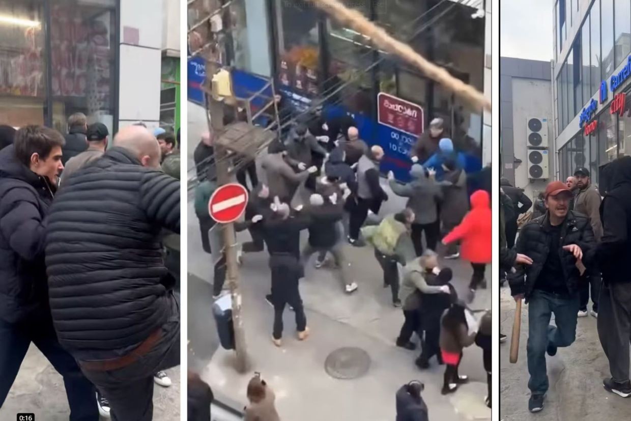 Individuals, including some identified as being employees of Tbilisi City Hall, clash with strikers in Tbilisi. Photo: screenshot from video/RFE/RL.