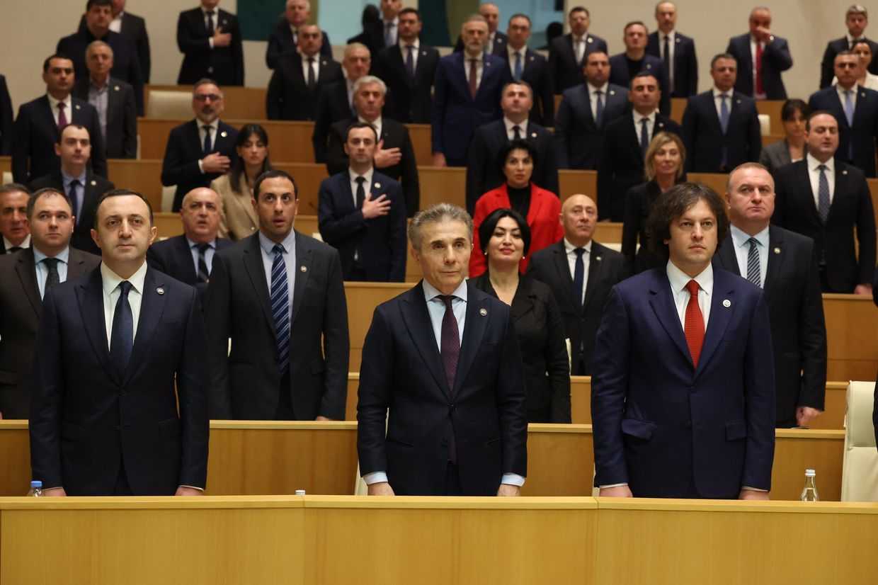 Left to right: former Prime Minister Irakli Gharibashvili, Georgian Dream founder and honorary chair Bidzina Ivanishvili, and current Prime Minister Irakli Kobakhidze. Photo: Georgian Dream.