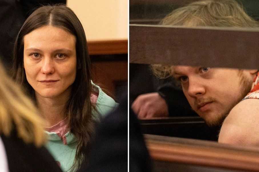 Russian activists Anastasia Zinovkina (left) and Artem Gribul (right) in court. Photos: Natia Leverashvili/Publika.