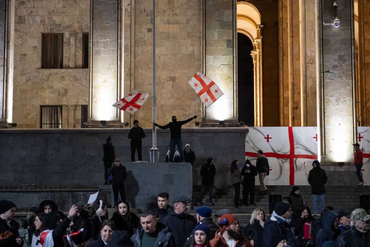 Protesters gather in front of Georgia's Parliament building on 15 February 2025. Photo: Mariam Nikuradze/OC Media.