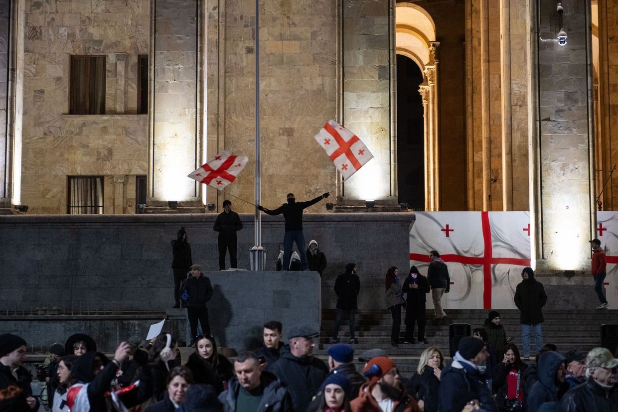Protesters gather in front of Georgia's Parliament building on 15 February 2025. Photo: Mariam Nikuradze/OC Media.
