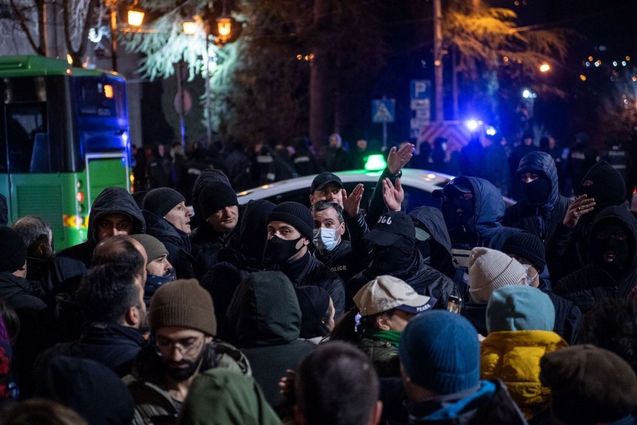 Georgian police during a protest in Tbilisi. Photo: Mariam Nikuradze/OC Media.