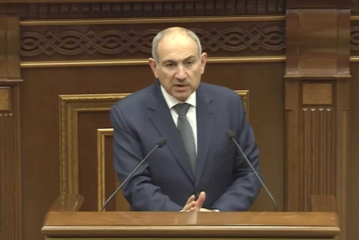 Armenian Prime Minister Nikol Pashinyan during a parliamentary Q&A session on 26 March 2025. Screengrab from official video.