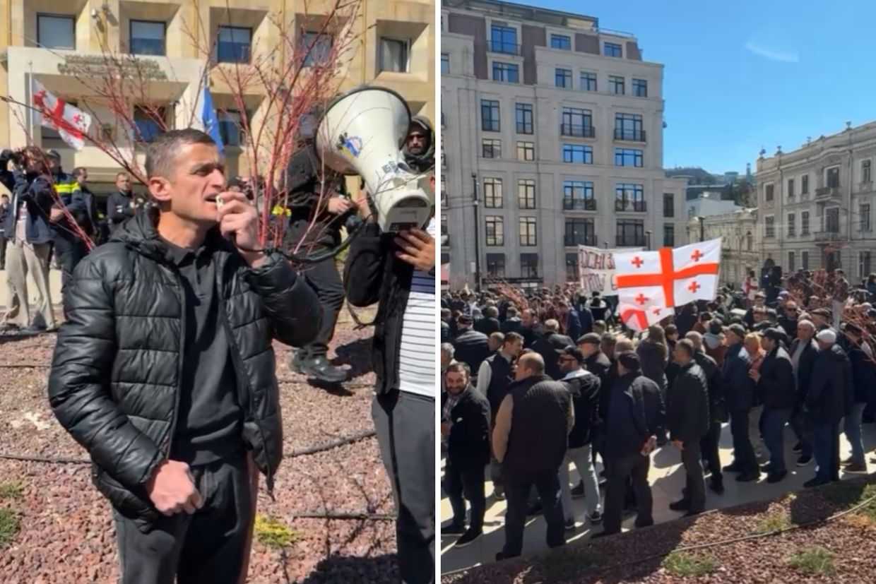 Chiatura miners holding a rally at the government administration. Photo: screengrab from Facebook live