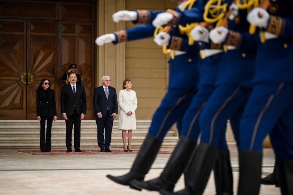 Azerbaijani President Ilham Aliyev (center left), next to his wife, Azerbaijani Vice President Mehriban Aliyeva (far left), along with German President Frank-Walter Steinmeier center right) and his wife Elke Büdenbender (far right). Official photo.