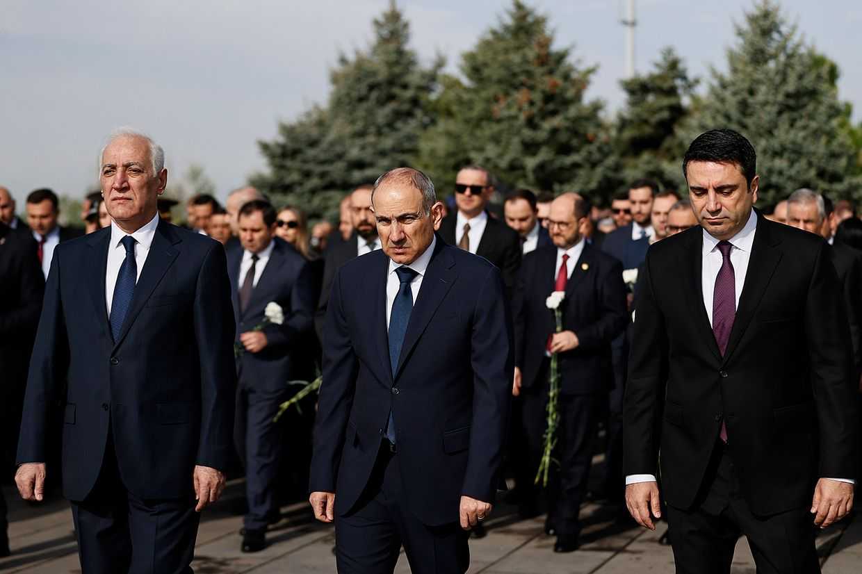 Armenian President Vahagn Khachaturyan, Prime Minister Nikol Pashinyan, and Parliamentary Speaker Alen Simonyan at the Armenian Genocide Memorial in Yerevan. Official photo.