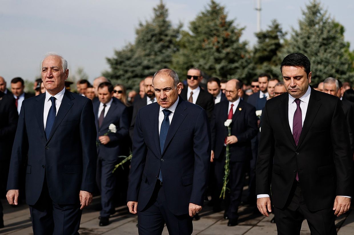 Armenian President Vahagn Khachaturyan, Prime Minister Nikol Pashinyan, and Parliamentary Speaker Alen Simonyan at the Armenian Genocide Memorial in Yerevan. Official photo.