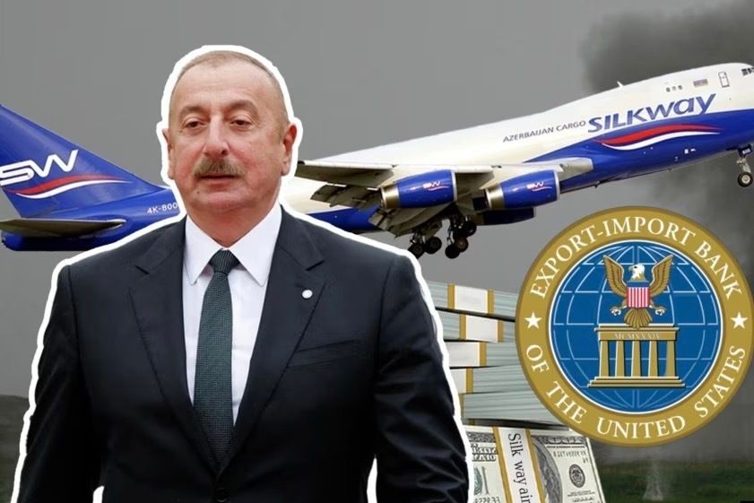 A collage featuring Azerbaijani President Ilham Aliyev, Silk Way Airlines, and the logo of the US Export-Import Bank. Collage by RFE/RL
