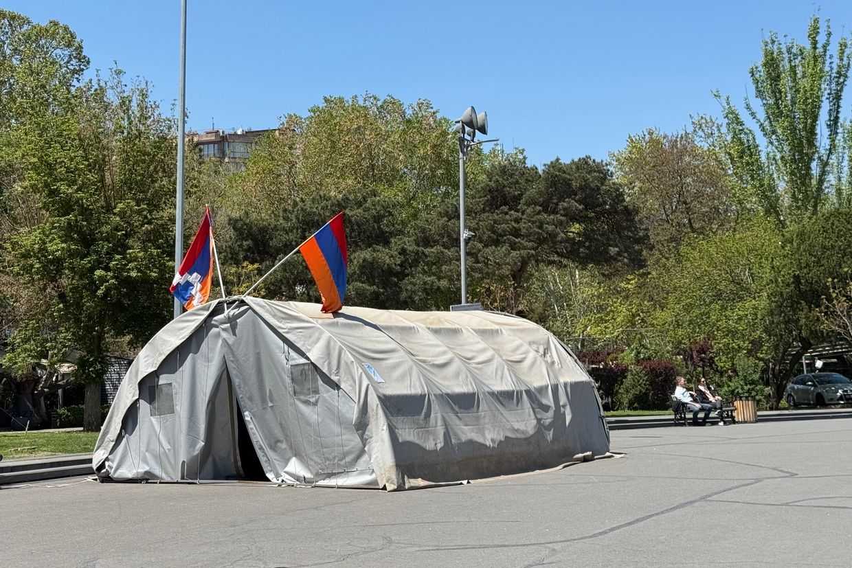 The tent in Yerevan's Freedom Square used by protesting Nagorno-Karabakh Armenians. Photo: Arshaluys Barseghyan/OC Media.