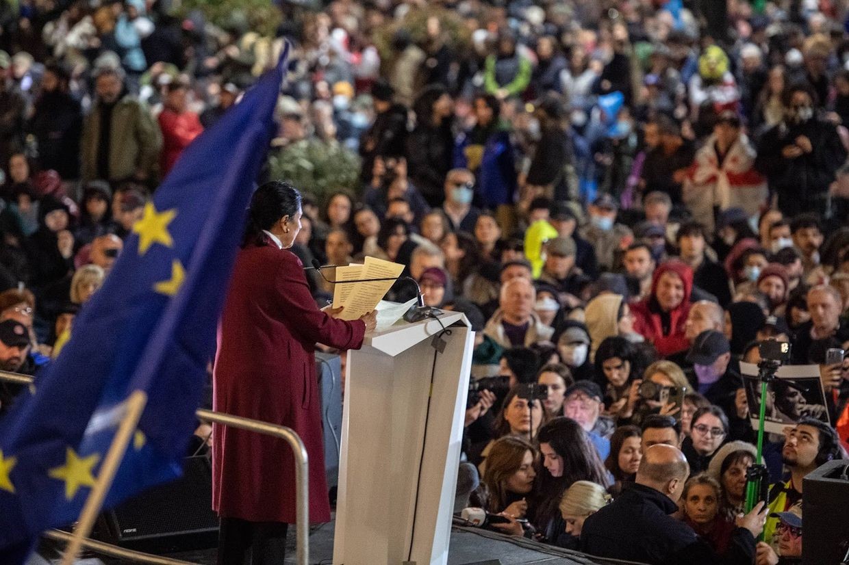 Salome Zourabichvili giving a speech at the 124th day of protest on 31 March. Photo: Mariam Nikuradze/OC Media.