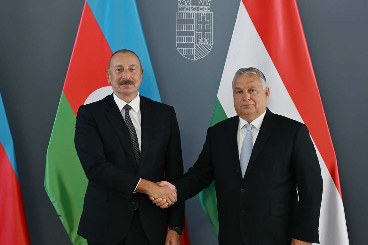 Azerbaijani President Ilham Aliyev (left) and Hungarian Prime Minister Viktor Orbán (right) in 2023. Official photo.