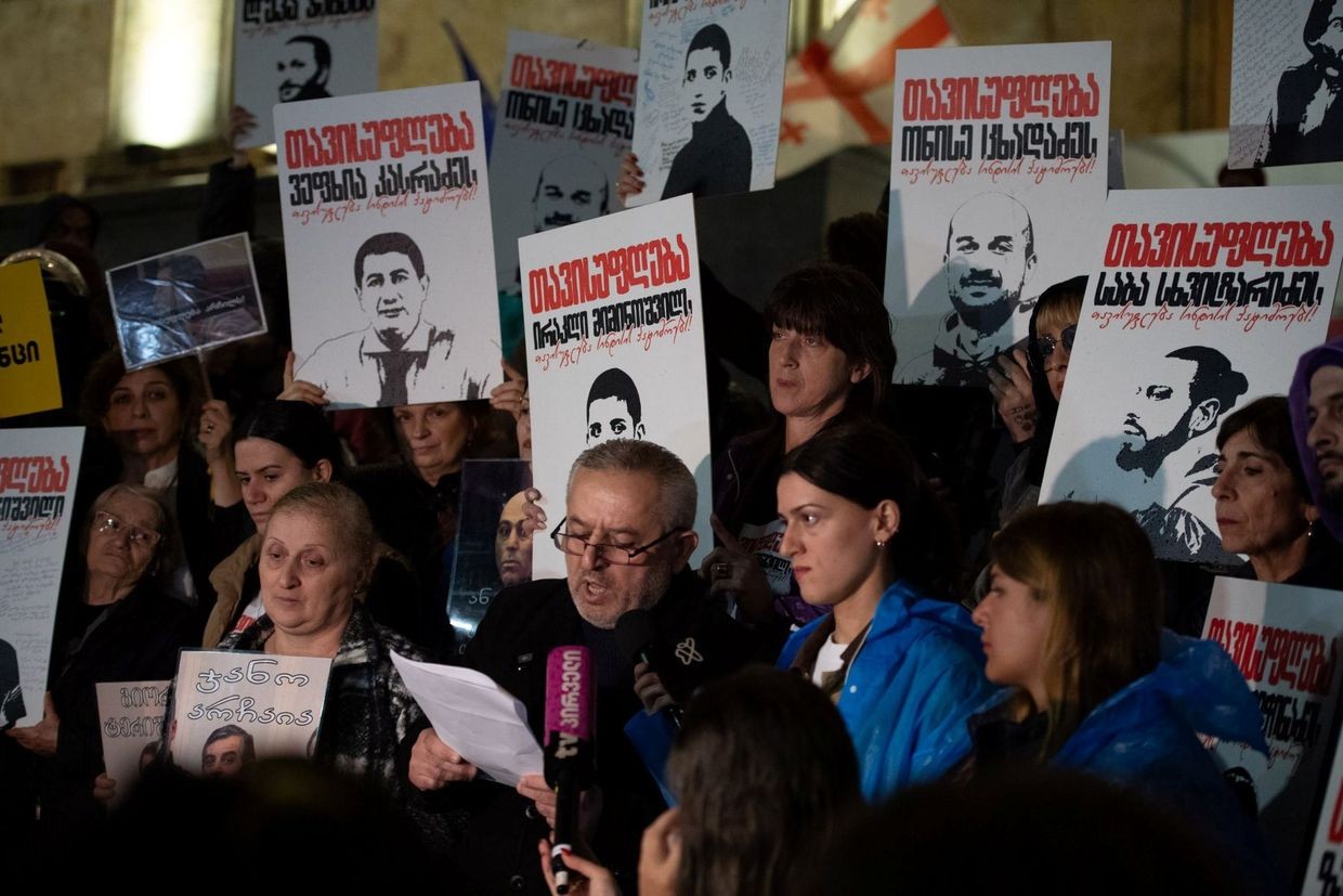 Family members of detained protesters make statements during a demonstration on 2 April. Photo: Mariam Nikuradze/OC Media.