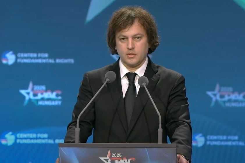 Georgian Prime Minister Irakli Kobakhidze at the CPAC Hungary conference in Budapest. Screenshot from video.