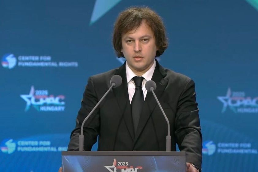 Georgian Prime Minister Irakli Kobakhidze at the CPAC Hungary conference in Budapest. Screenshot from video.
