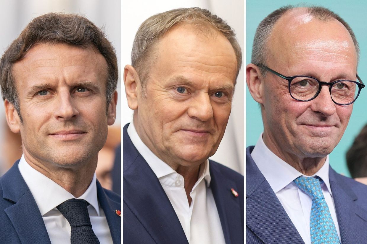 French President Emmanuel Macron (left), Polish Prime Minister Donald Tursk (middle), and German Chancellor Friedrich Merz (right). Official photos.