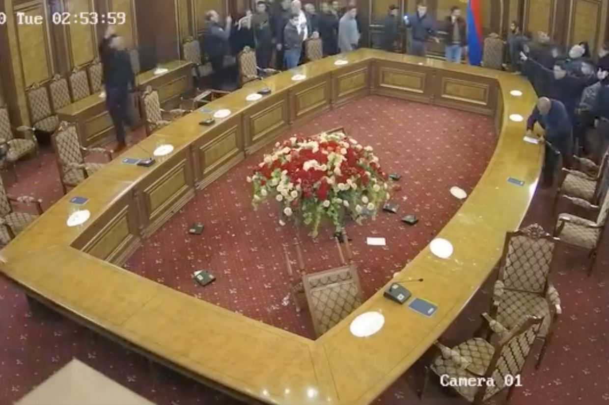 Screengrab from security camera footage of the ransacking of the Armenian government building on November 10, 2020.